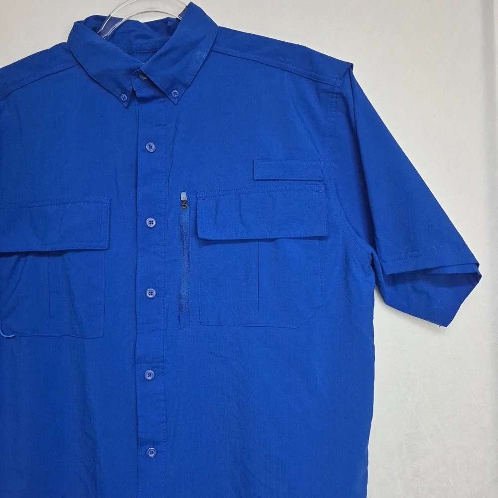 Silver Bait Mens Medium Fishing Shirt Blue Short Sleeve Vented Button Up Pockets